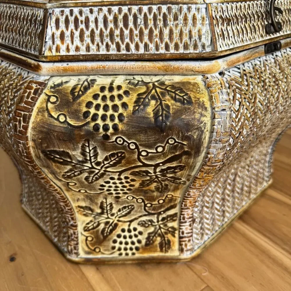 Asian Style Vintage Woven Carved light metal/Wooden Trunk inside storage box